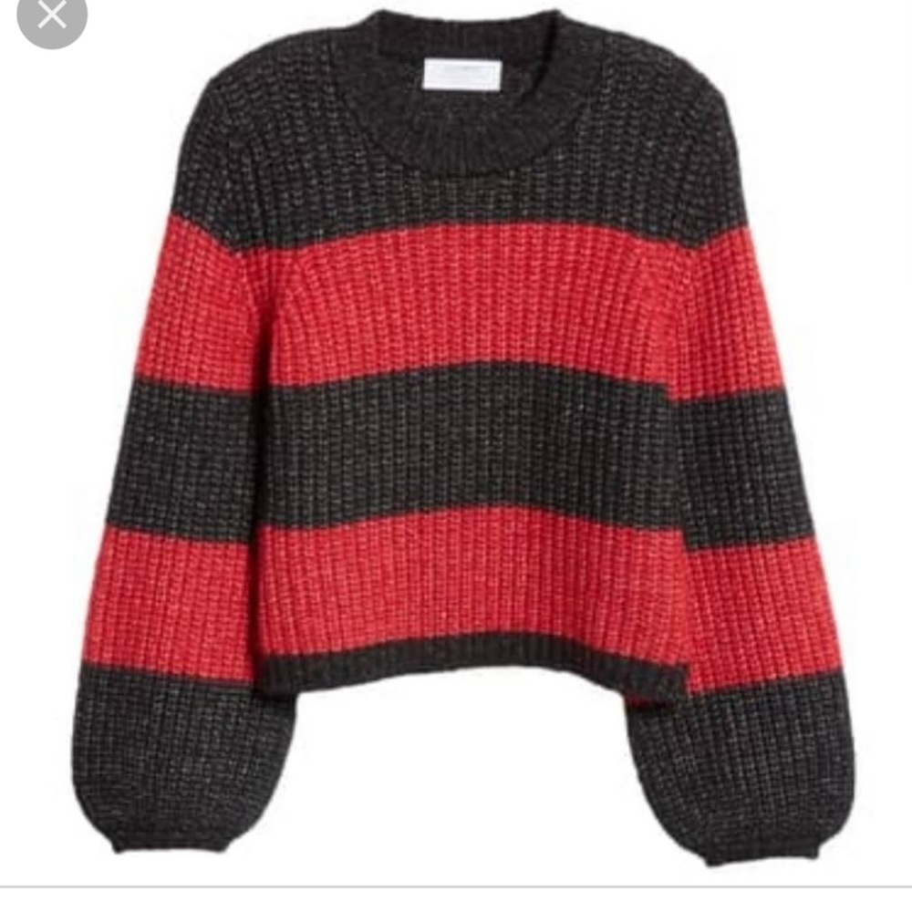 La Ligne Black and Red Striped Colorblock Balloon Sleeve Sweater
